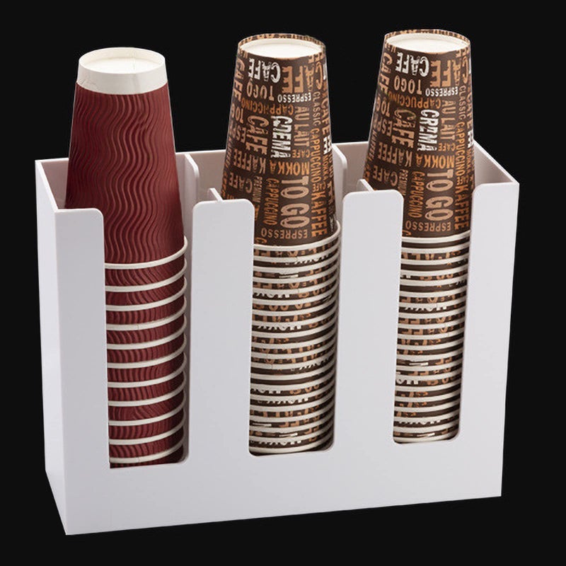 Tirifer Disposable Paper Cup Dispenser, Acrylic Coffee Cup and Lid Storage Organizer Holder, Coffee Milk Tea Shop Restaurant Accessories Christmas Party Supplies, 3 Compartments, White - Image 1